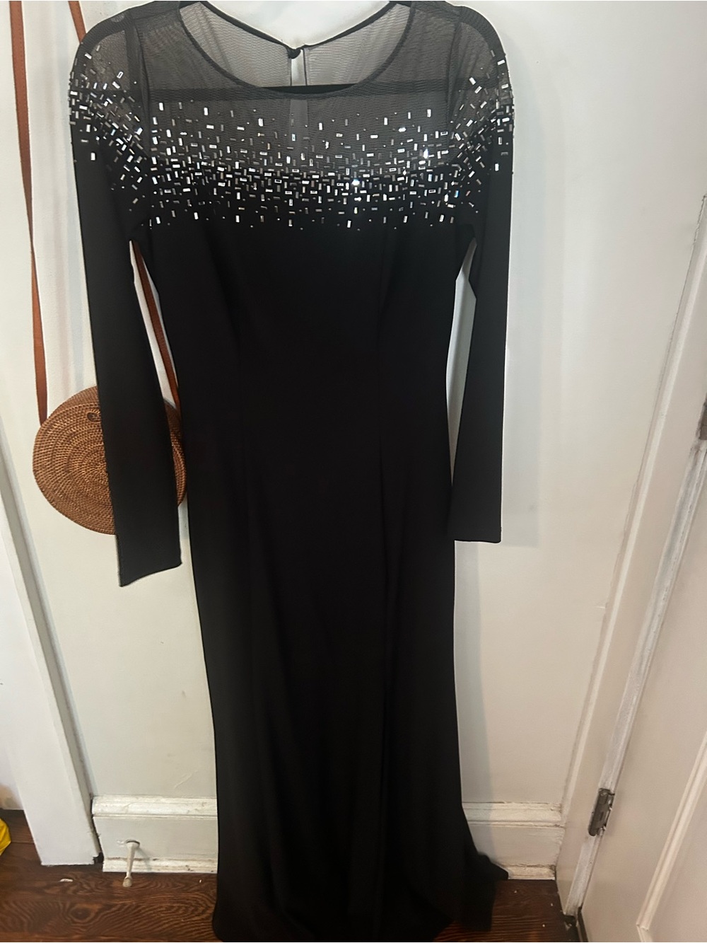 Vince Camuto Black Long Sleeve Evening Dress with Beaded Sheer Yoke